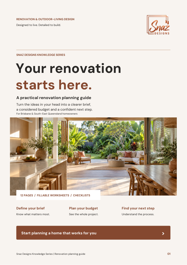 Your renovation starts here. Snaz Designs Knowledge Series renovation planning workbook.